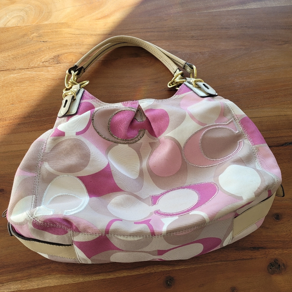 Coach Maggie Mia Pink and Beige Hobo Bag with Signature Pattern